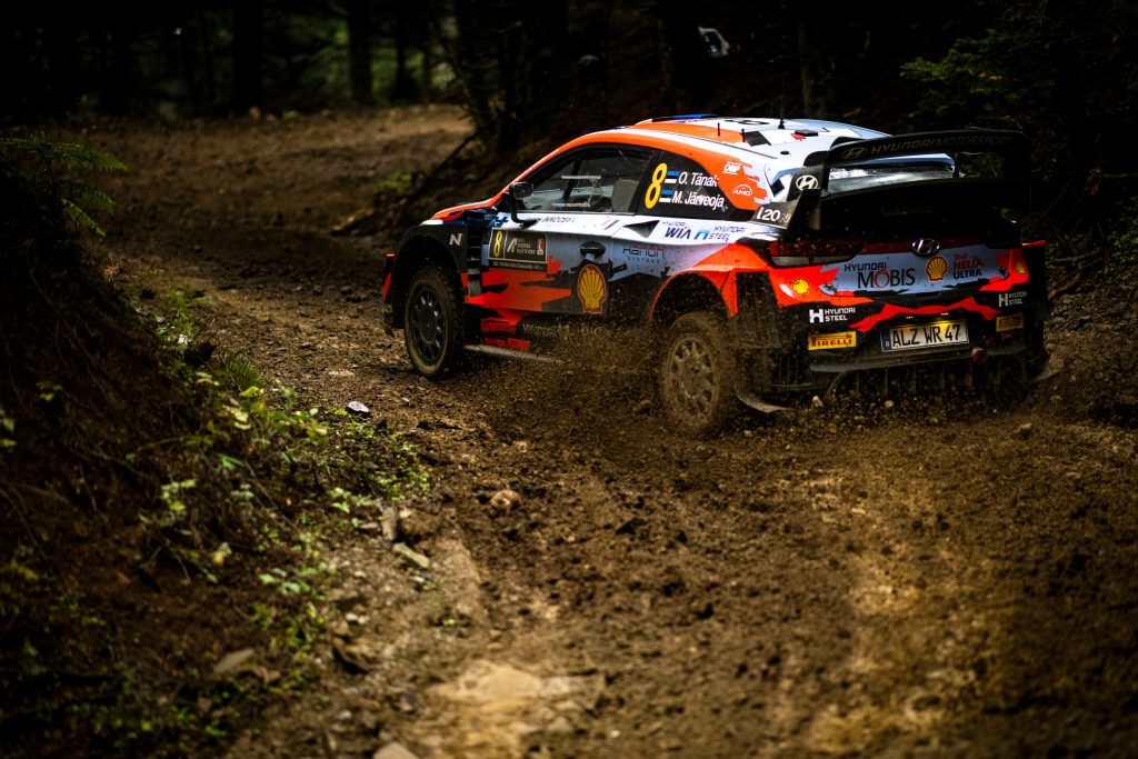 Ott Tanak (EST) and Martin Jarveoja (EST) of team Hyundai Shell Mobis performs during FIA World Rally Championship in Lamia, Greece on September 12, 2021 // Jaanus Ree/Red Bull Content Pool // SI202109120099 // Usage for editorial use only //