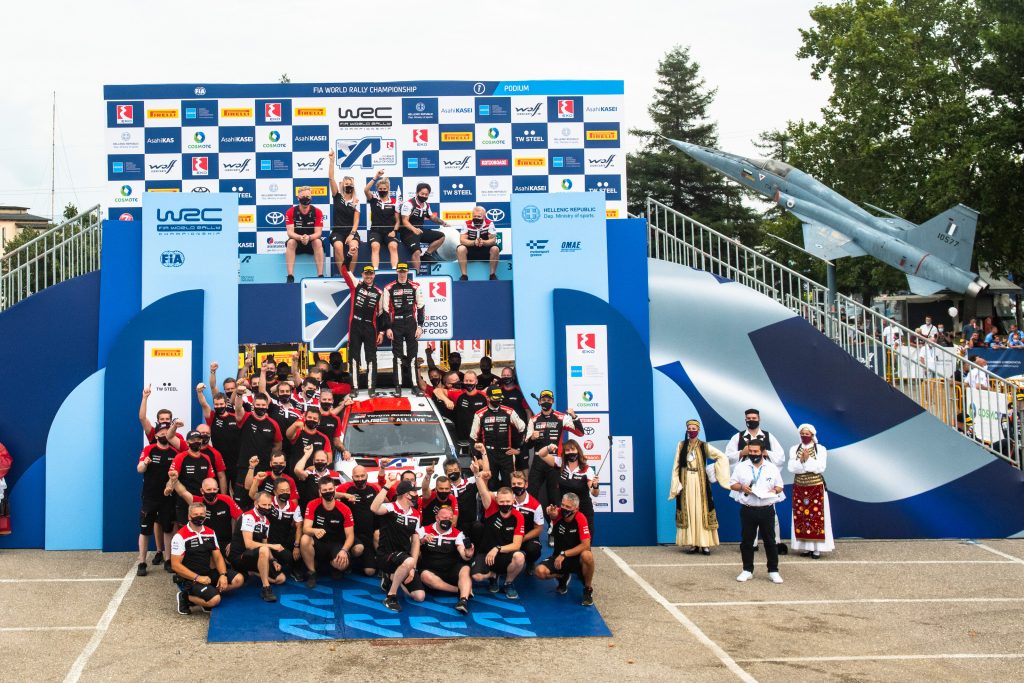 Kalle Rovanpera (FIN) and Jonne Halttunen (FIN) of team Toyota Gazoo Racing celebrate on the podium in first place after winning the World Rally Championship in Lamia, Greece on September 12, 2021 // Jaanus Ree/Red Bull Content Pool // SI202109120309 // Usage for editorial use only //